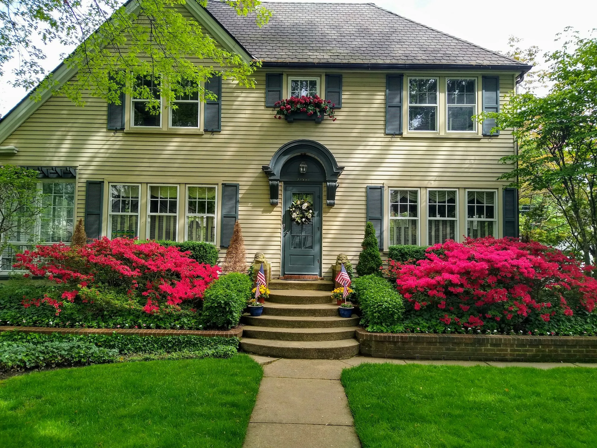 Colonial home with flowering azaleas and a front walk